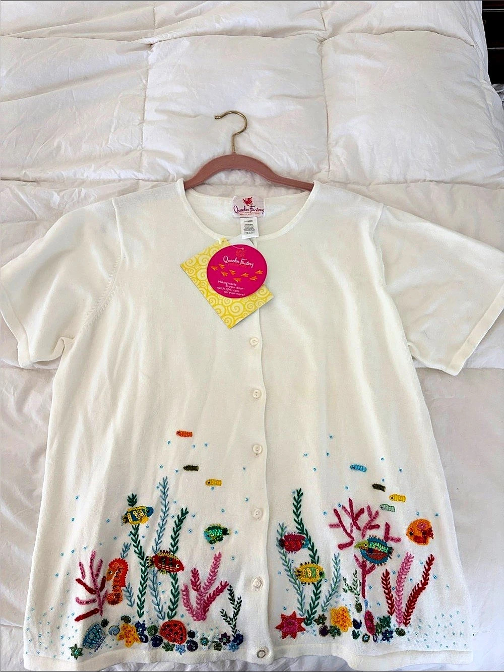 NWT Quacker Factory Embroidered/Sequins Button Front Short Sleeve Top in White X
